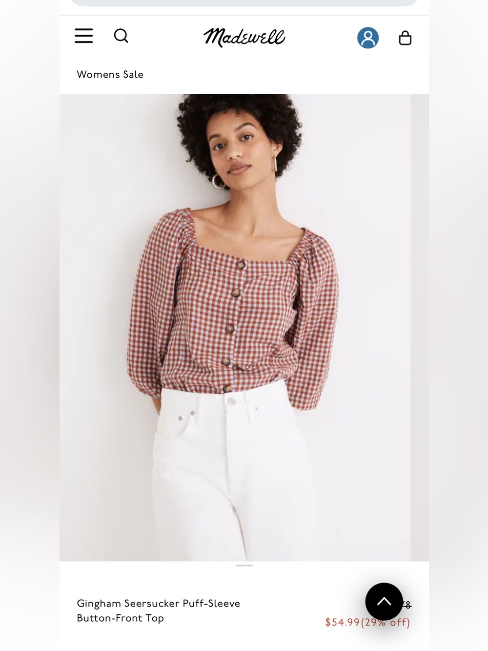 Madewell- Gingham Seersucker Puff-Sleeve Button-Front Top - Picture 4 of 4
